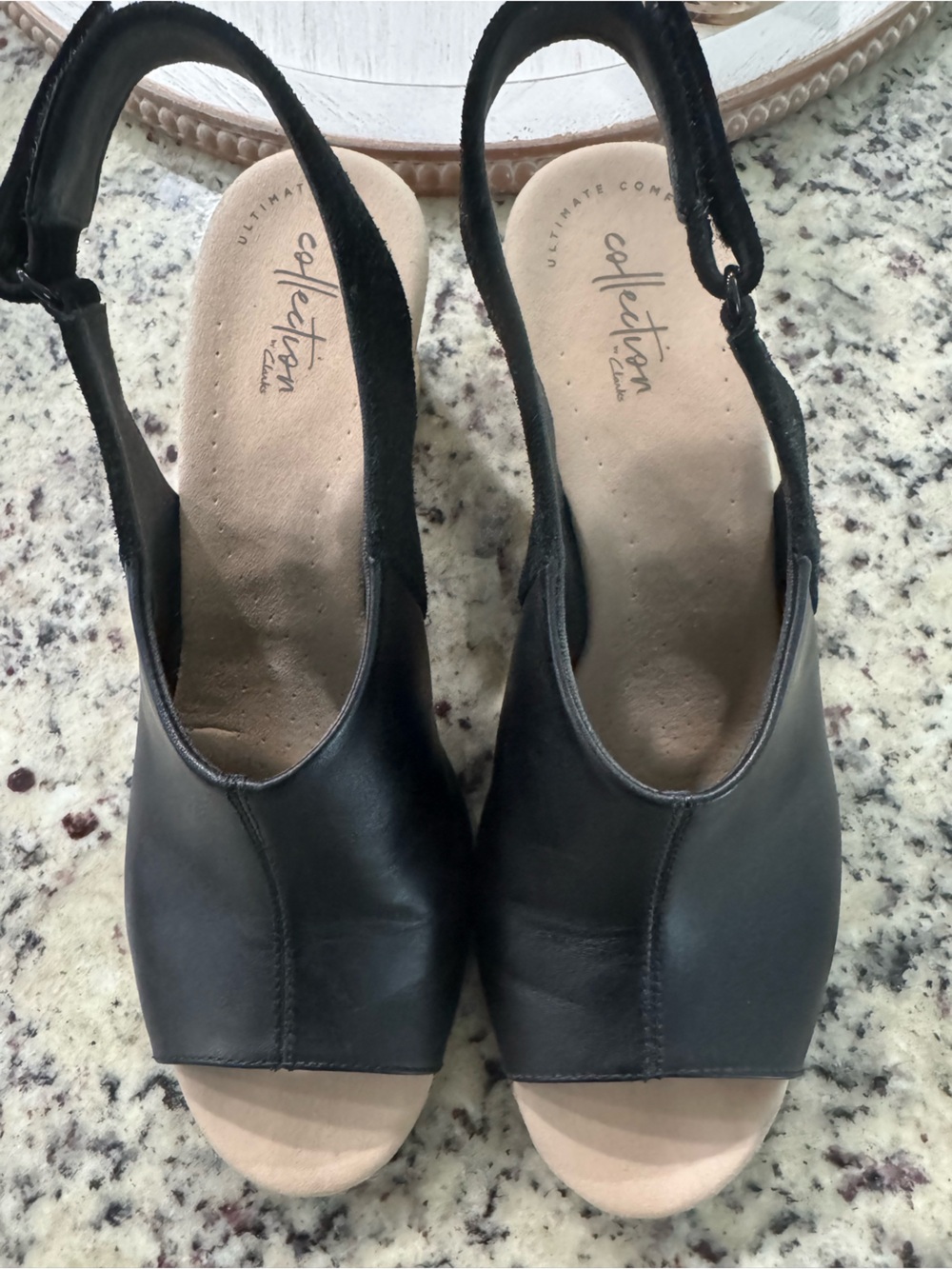 Clarks Black Leather Open-Peep Toe Slingback Wedges